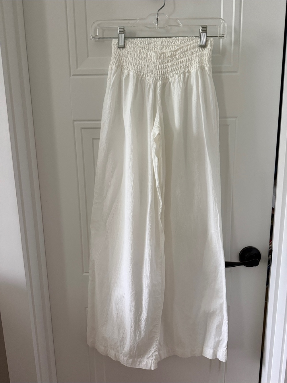 Women's White Wide-Leg Smocked Waist Pants